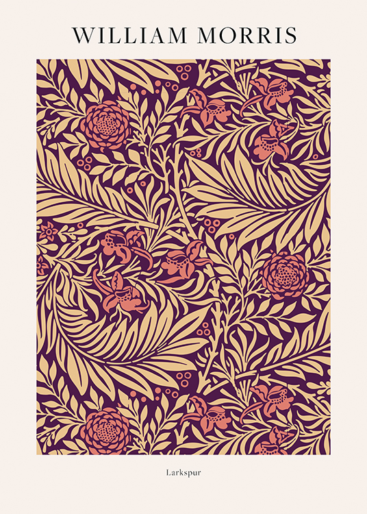  – Illustratie met roze bloemen en beige bladeren tegen een donkerpaarse achtergrond