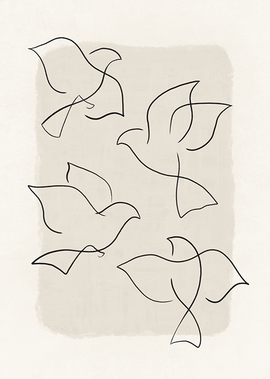  – Line art illustratie met zwarte vogels tegen een beige achtergrond met textuur