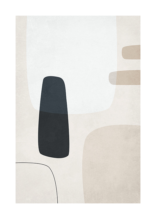  – Grafische illustratie van abstracte figuren in zwart, lichtgrijs en beige op een lichtbeige achtergrond