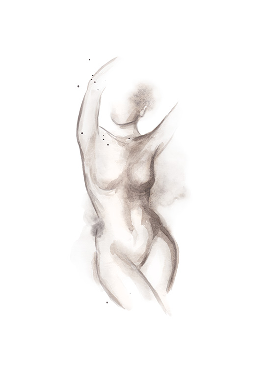  – Tekening van een vrouwelijk, naakt lichaam met omhoog gestrekte armen tegen een witte achtergrond