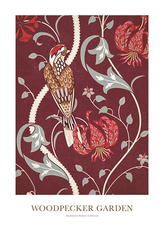 – Illustratie van een vogeltje en een rood en grijs bloemenpatroon op een rode achtergrond
