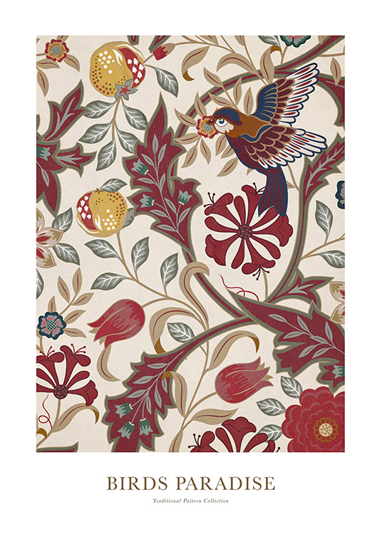  – Illustratie van een vogel en bloemen in rood, grijs en beige op een lichtbeige achtergrond