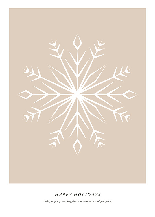 – Illustratie van een witte, abstracte sneeuwkristal tegen een beige achtergrond en tekst eronder