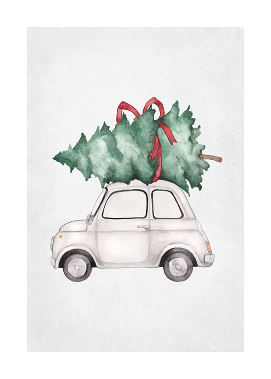  – Illustratie van een autootje met een groene kerstboom op het dak, ingepakt en met een rode strik