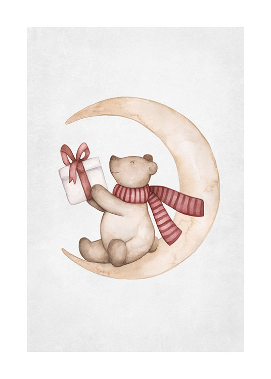– Illustratie van een kleine beer die op een maan zit, een kerstcadeau vasthoudt en een rode sjaal om heeft
