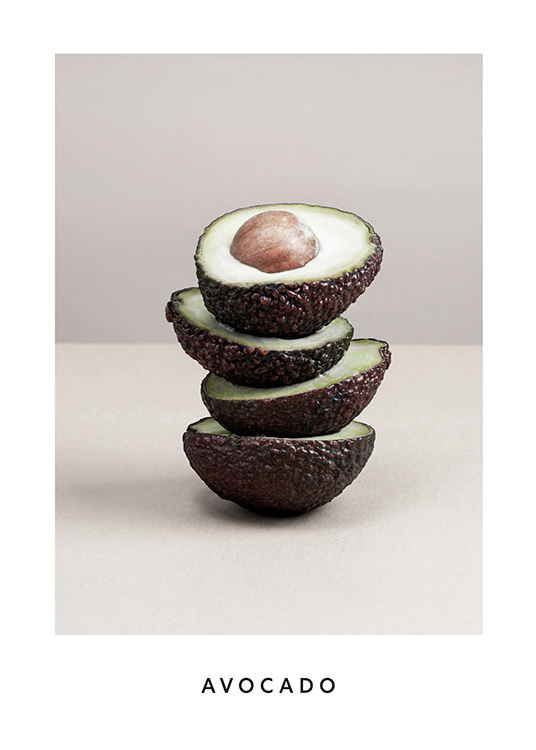  – Foto van halve avocado's die op elkaar balanceren tegen een grijze achtergrond