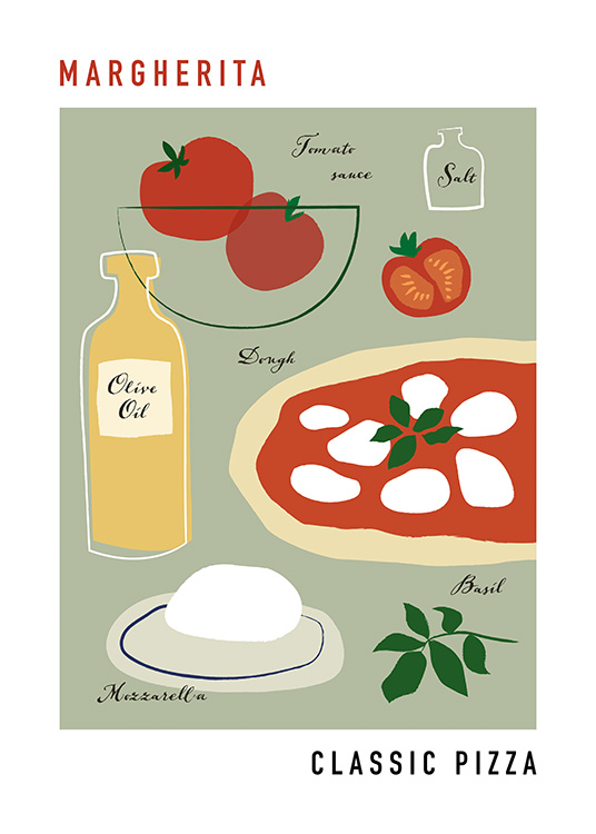  – Grafische illustratie met de ingrediënten van een pizza margherita en tekst op een grijsgroene achtergrond