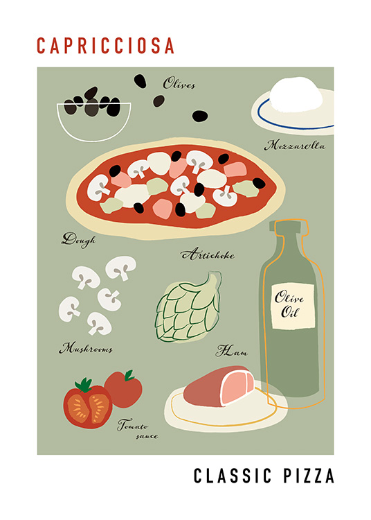 – Grafische illustratie met de ingrediënten voor capricciosa en een pizza op een grijsgroene achtergrond