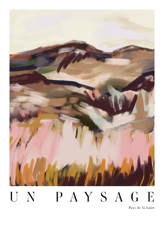  – Abstract schilderij van een landschap in verschillende tinten bruin en roze, en tekst aan de onderkant