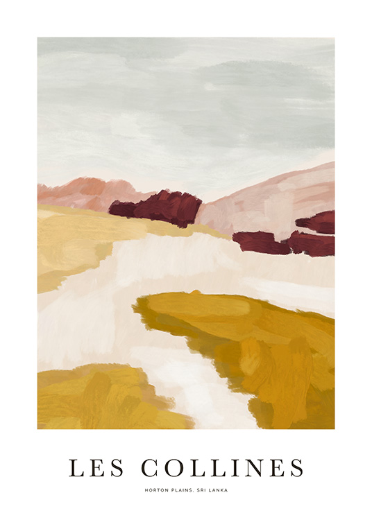  – Schilderij van een abstract landschap in geel, roze en beige met tekst eronder