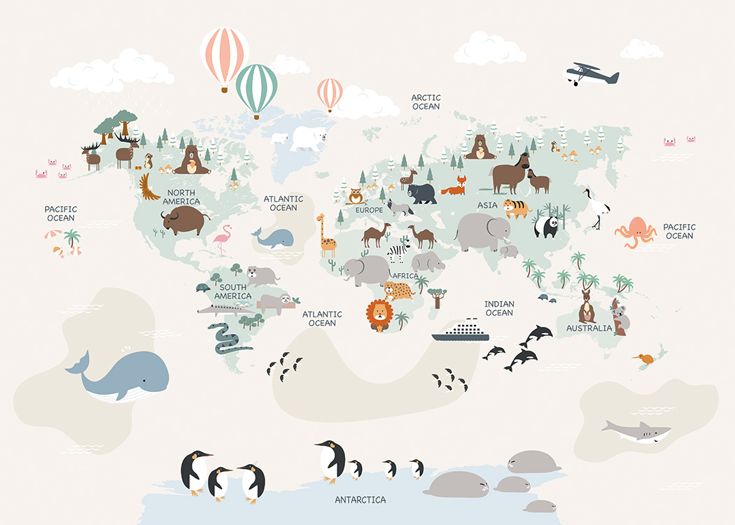  – Illustratie met een wereldkaart en dieren op de continenten