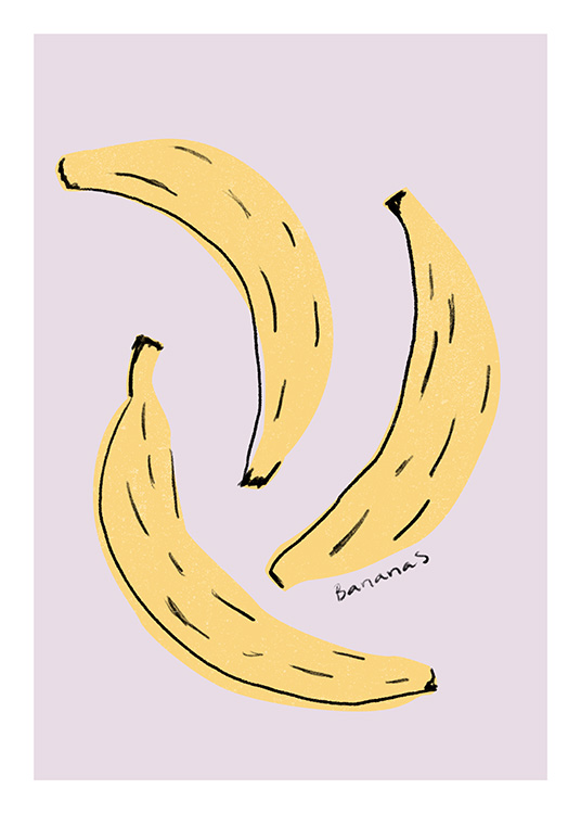  – Illustratie met drie bananen in geel tegen een paarse achtergrond en zwarte tekst