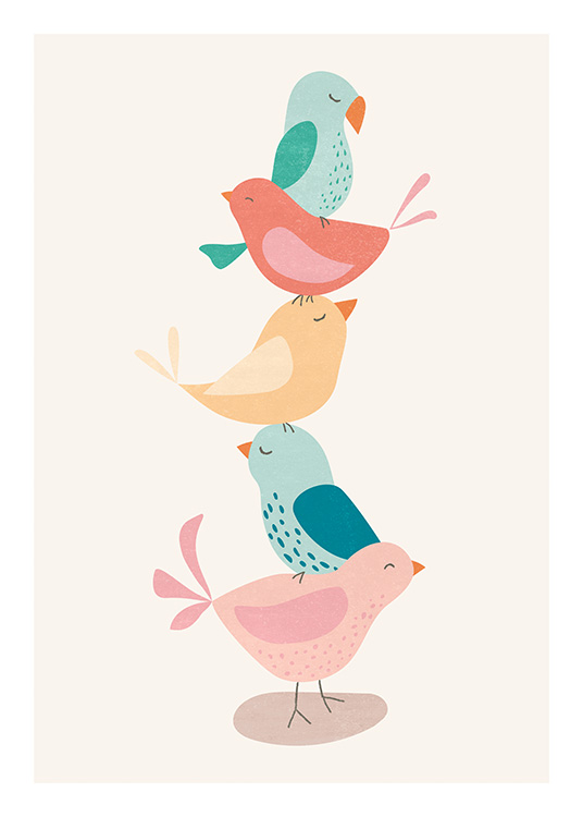  – Illustratie van kleurrijke vogels die op elkaar balanceren op een lichte achtergrond