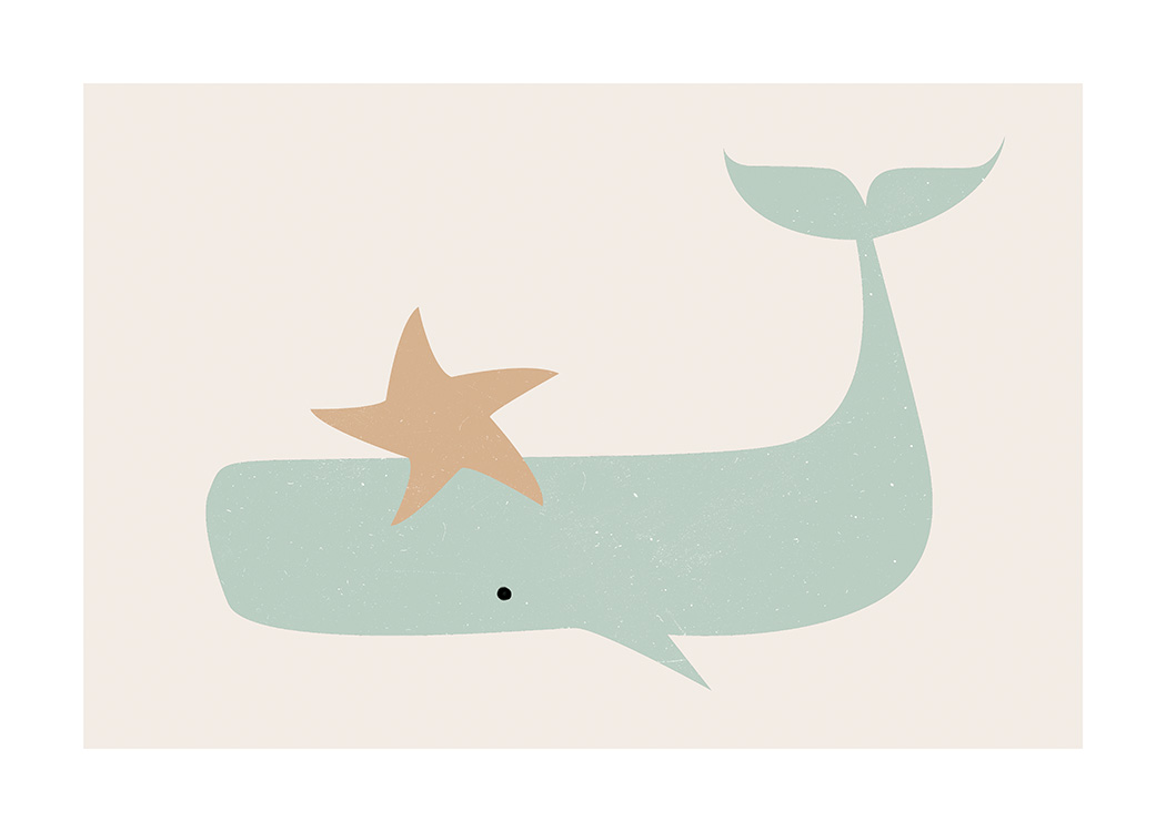  – Grafische illustratie van een beige ster en een groene walvis op een lichtbeige achtergrond
