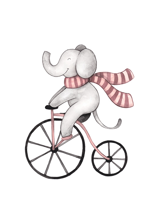  – Illustratie in aquarel van een grijze, lachende olifant op een fiets met een gestreepte sjaal