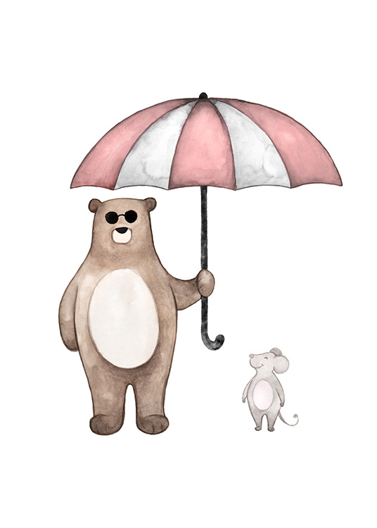  – Illustratie in aquarel van een muisje en beer met zonnebril die onder een paraplu staan