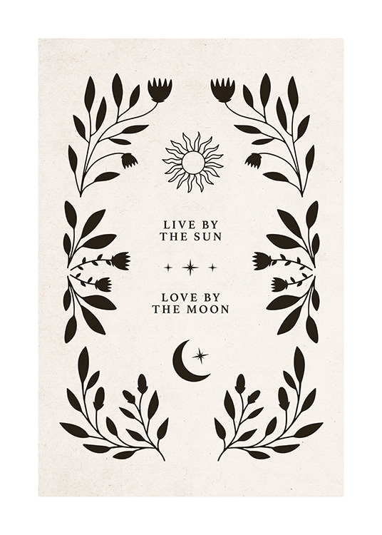  – Grafische illustratie met tekst, een zon en een maan omgeven door een lijst met zwarte bladeren en bloemen