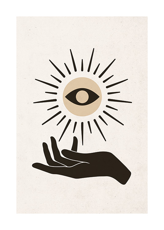  – Grafische illustratie met een zon met een oog in het midden en een zwarte hand eronder