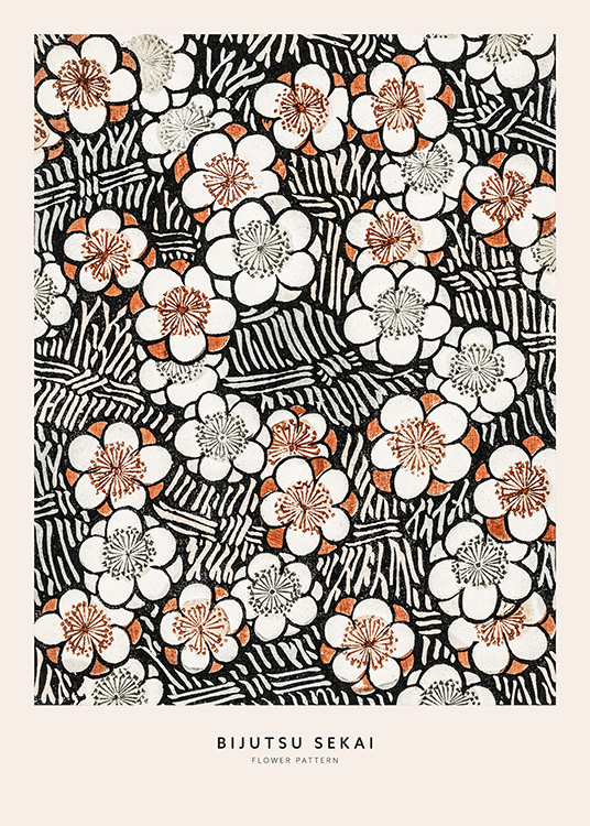  – Illustratie met een bloemenpatroon in zwart en bruin met tekst eronder