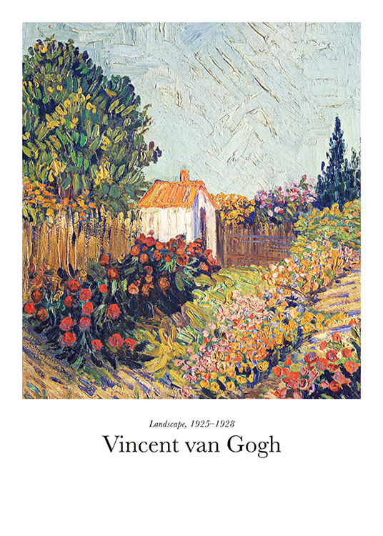  – Schilderij van een tuin met kleurrijke bloemen en een huisje op de achtergrond
