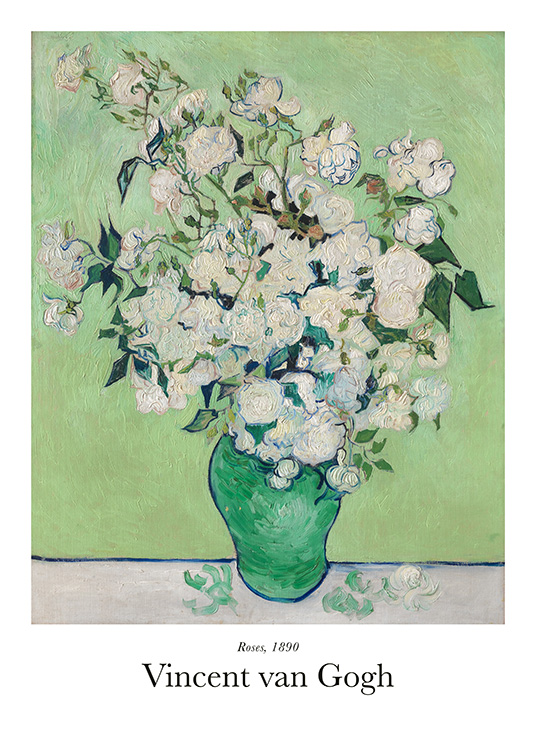  – Schilderij van witte rozen in een groot boeket, dat in een groene vaas tegen een groene achtergrond staat