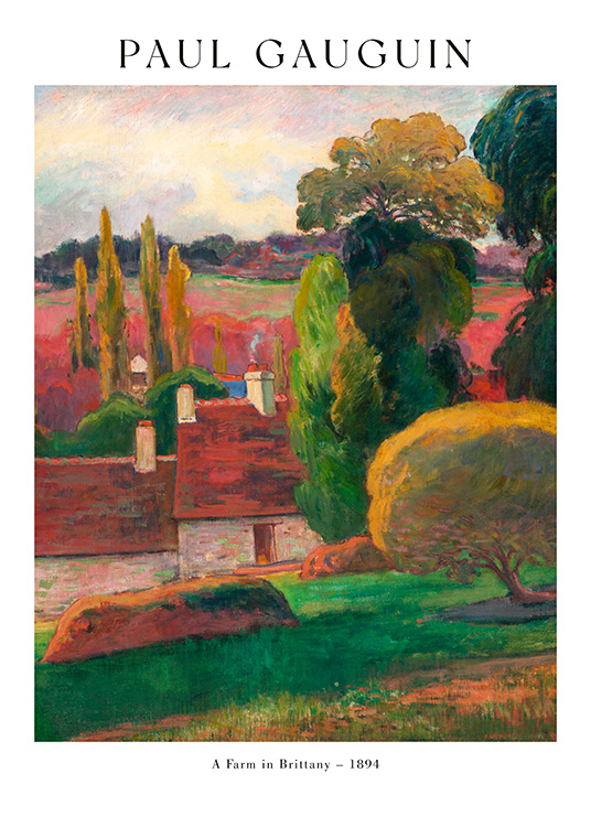  – Schilderij van een kleurrijk landschap in rood en groen met twee huizen in het midden