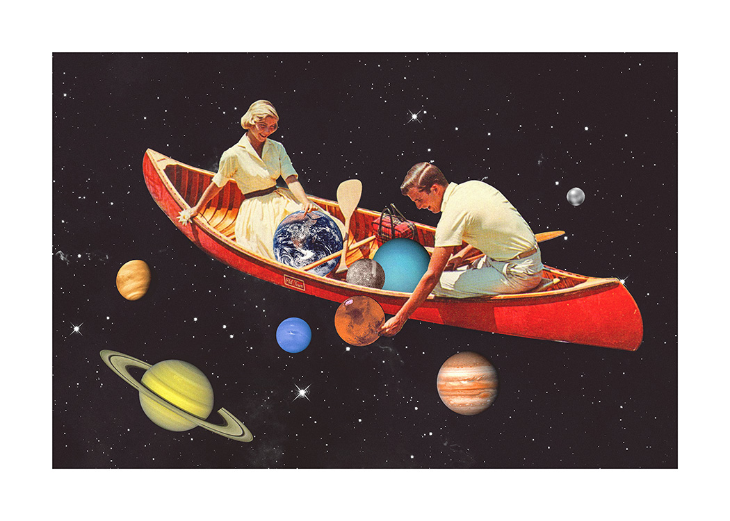  – Illustratie van een vrouw en een man in een rode kano, omringd door planeten in de ruimte