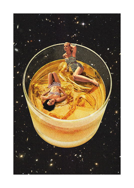  – Illustratie van een glas whisky in de ruimte, met twee vrouwen in vintage badkleding in het glas