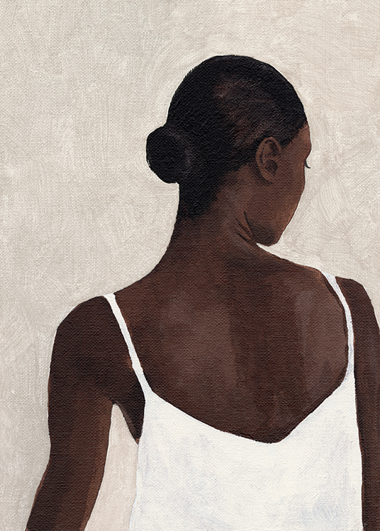— Een schilderij in acryl van een vrouw in een witte jurk en met donker haar tegen een beige achtergrond