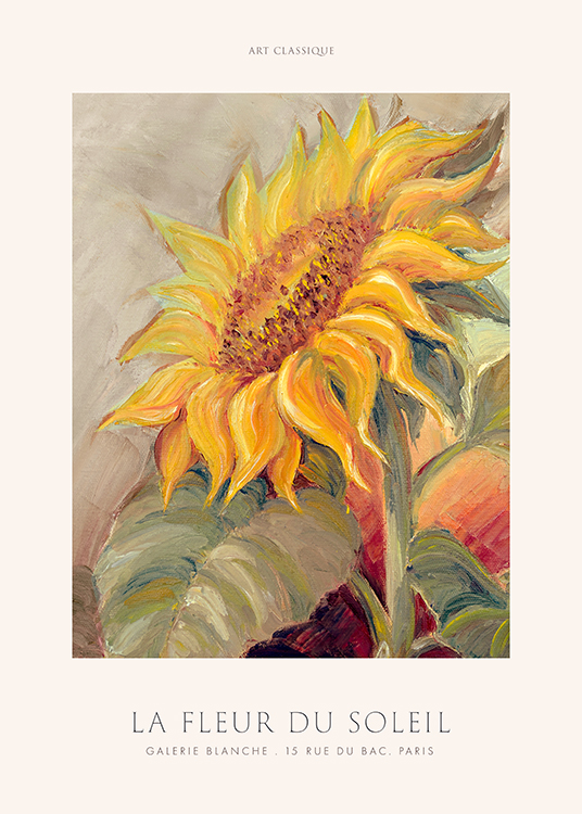 – Een schilderij van een gele, grote zonnebloem en groene bladeren op een achtergrond in lichtbeige