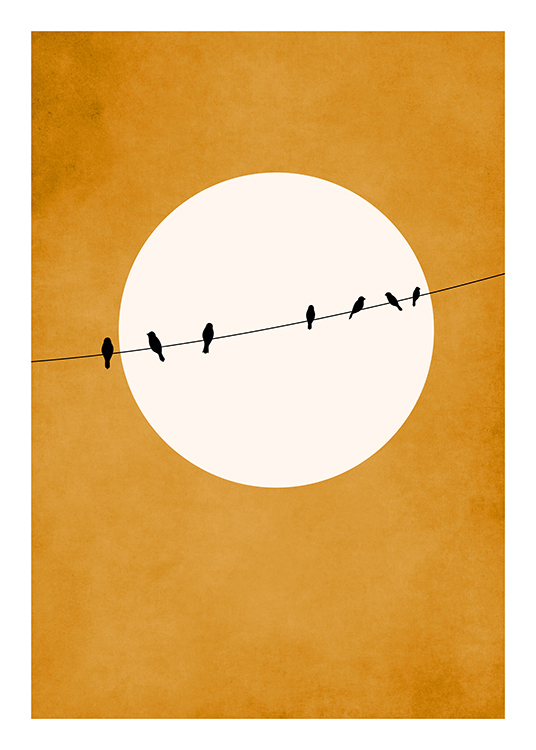 — Een grafische illustratie met vogels op een touw en een witte maan en oranje lucht erachter