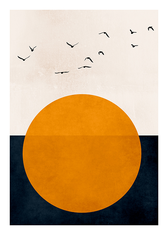 – Een grafische illustratie met zwarte vogels en een oranje zon op een donkergrijze en lichtbeige achtergrond
