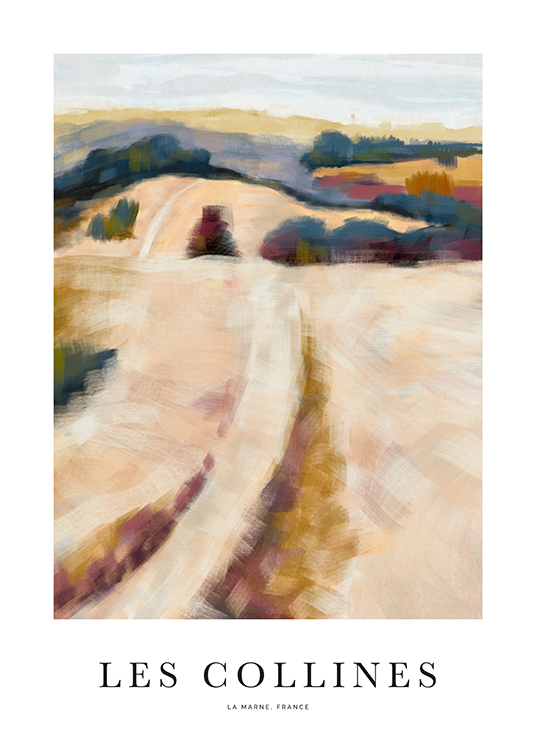 – Een abstract schilderij van een beige, oranje, rood en blauw landschap met velden
