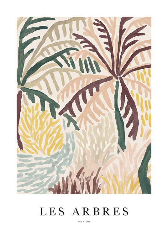 – Een abstract schilderij met abstracte bomen in geel, beige, groen en blauw en tekst eronder