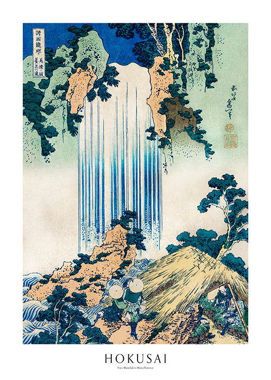 – Een schilderij van Hokusai van een blauwe waterval in een abstract landschap, en tekst eronder
