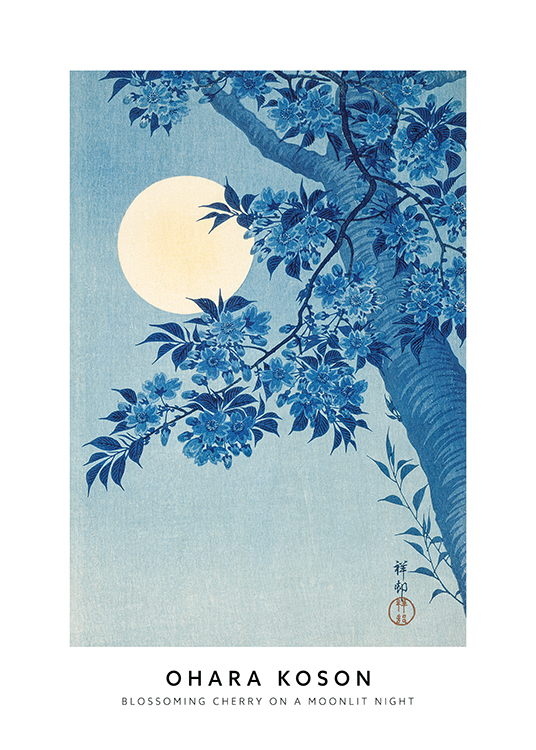 — Een schilderij van een bloeiende kersenboom in blauw, op een blauwe achtergrond met een maan