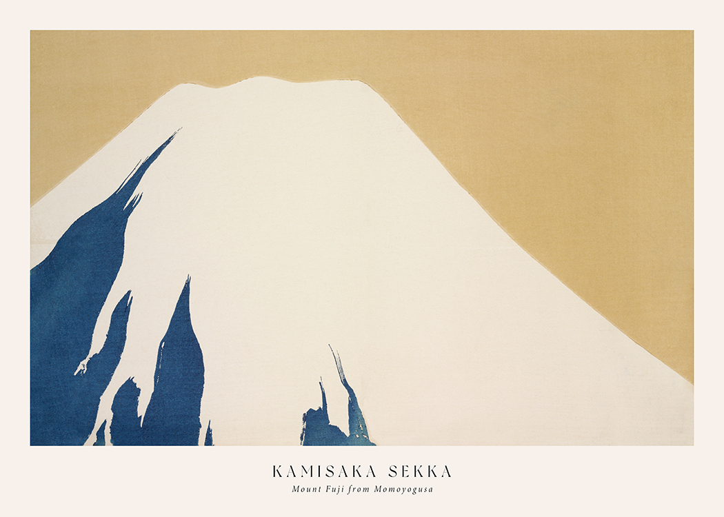 – Een schilderij met een blauwe en lichtbeige berg, op een gele achtergrond