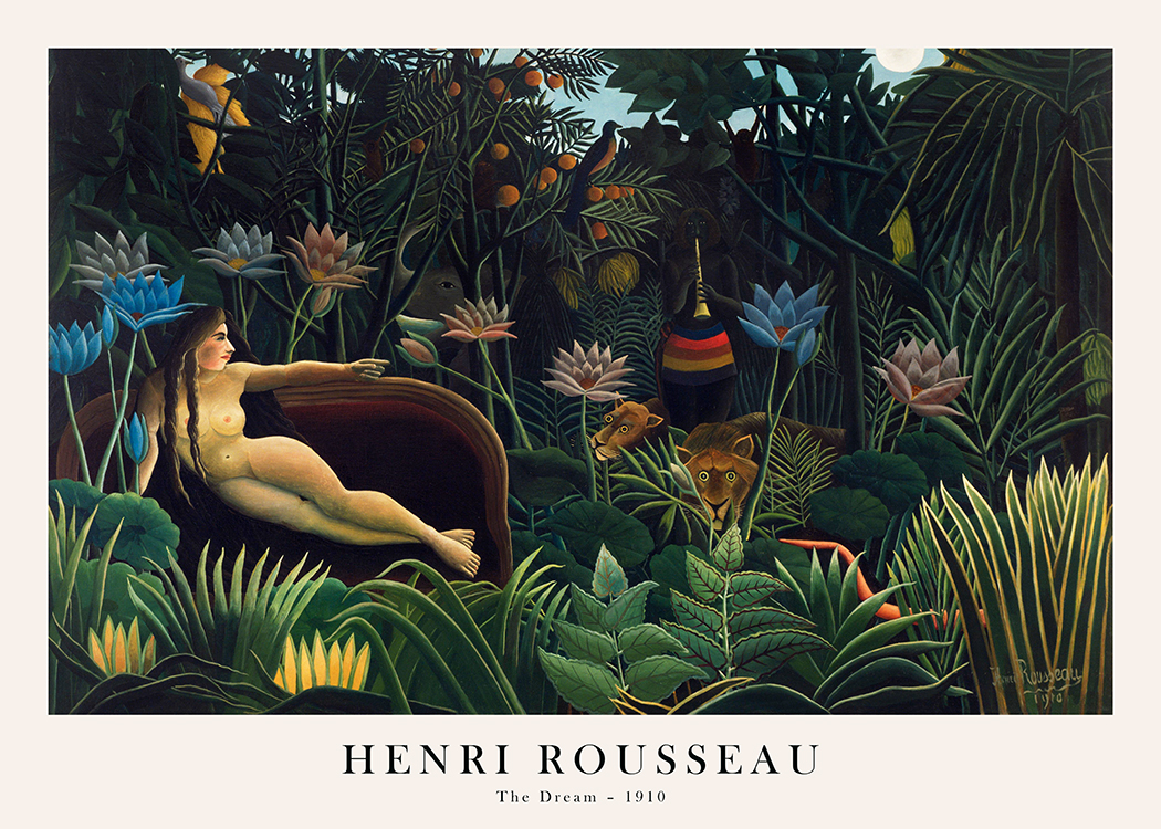 – Een schilderij met een naakte vrouw op een bank, omringd door een tropisch bos en dieren