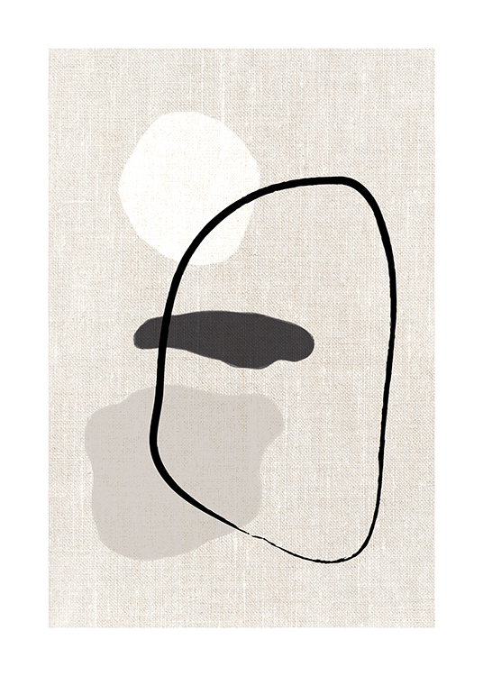 – Illustratie met abstracte vormen in wit, beige en zwart tegen een linnen achtergrond in beige