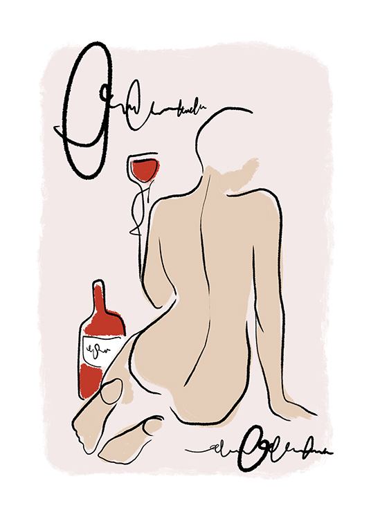 – Grafische illustratie van een naakte vrouw op haar knieën, die een glas wijn vasthoudt tegen een roze achtergrond