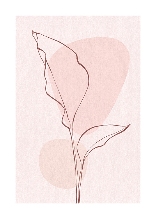 – Illustratie met een line art blad in roze tegen een roze achtergrond met twee cirkels erop