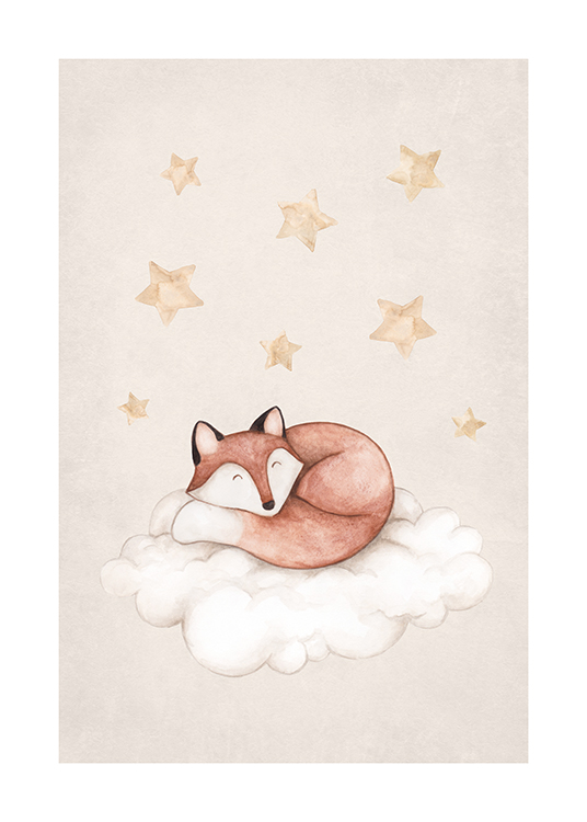 — Illustratie in aquarelverf van een slapende vos die op een wolk ligt, met sterren erboven