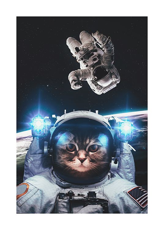 – Illustratie van een kat als astronaut en de aarde en een astronaut erachter
