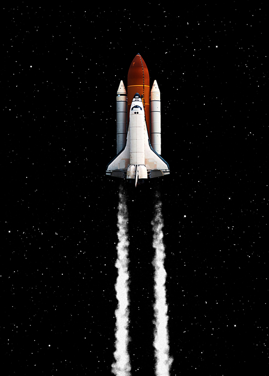 – Illustratie van een witte en rode spaceshuttle die de ruimte in gaat