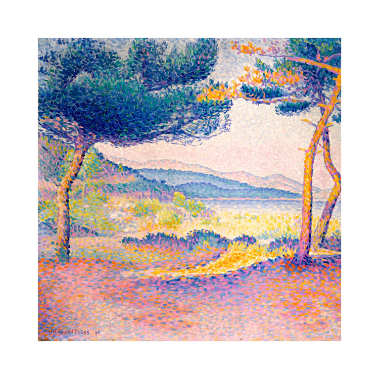  - Schilderij van een kleurrijk, abstract landschap met pijnbomen voor een oever