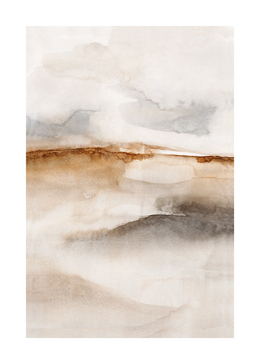 – Een abstracte aquarelposter met rustige beige, off-white en grijze kleuren