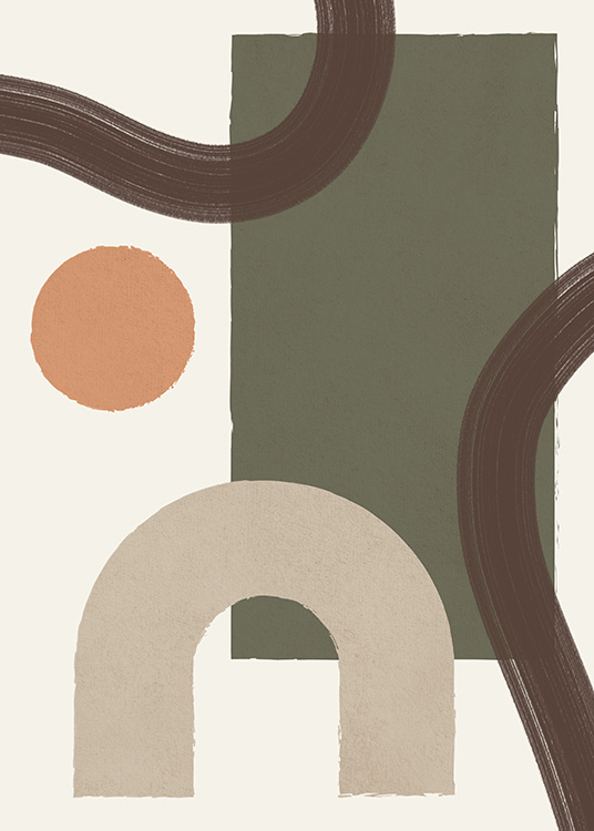 – Een funky geometrische poster met groene, bruine, beige en oranje kleuren