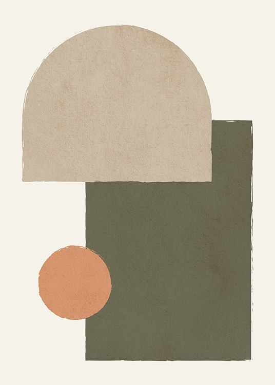 – Een coole en moderne poster van aardse geometrische figuren in beige, groen en oranje