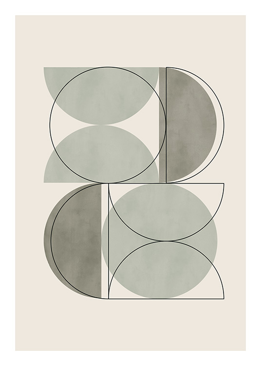 – Een poster van groene geometrische figuren met zwarte lijnen samen met een beige achtergrond