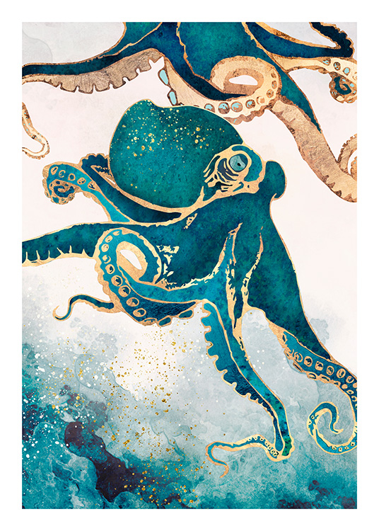 – Een poster van twee octopussen in prachtige groene en beige kleuren